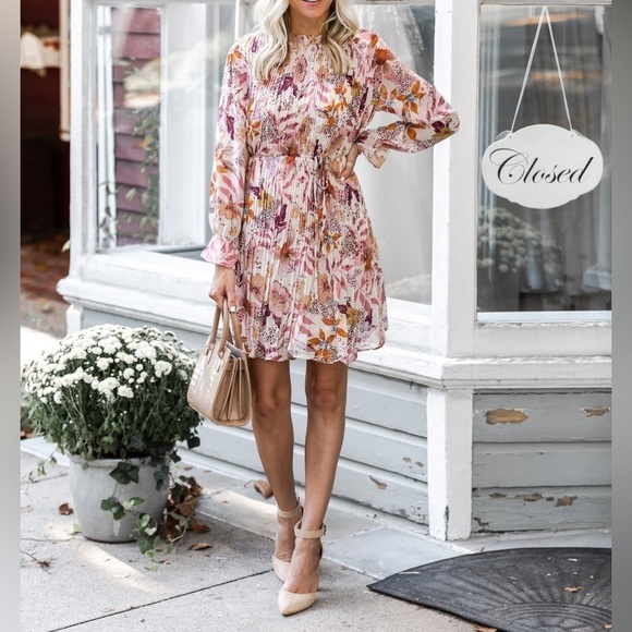 Aura Pleated Floral Tie Waist Long Sleeve Dress, Size S - Picture 1 of 14